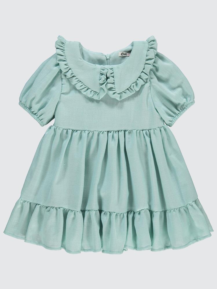 Civil Girls Yakası Fırfırlı Keten 2-5 Yaş Elbise - Yeşil