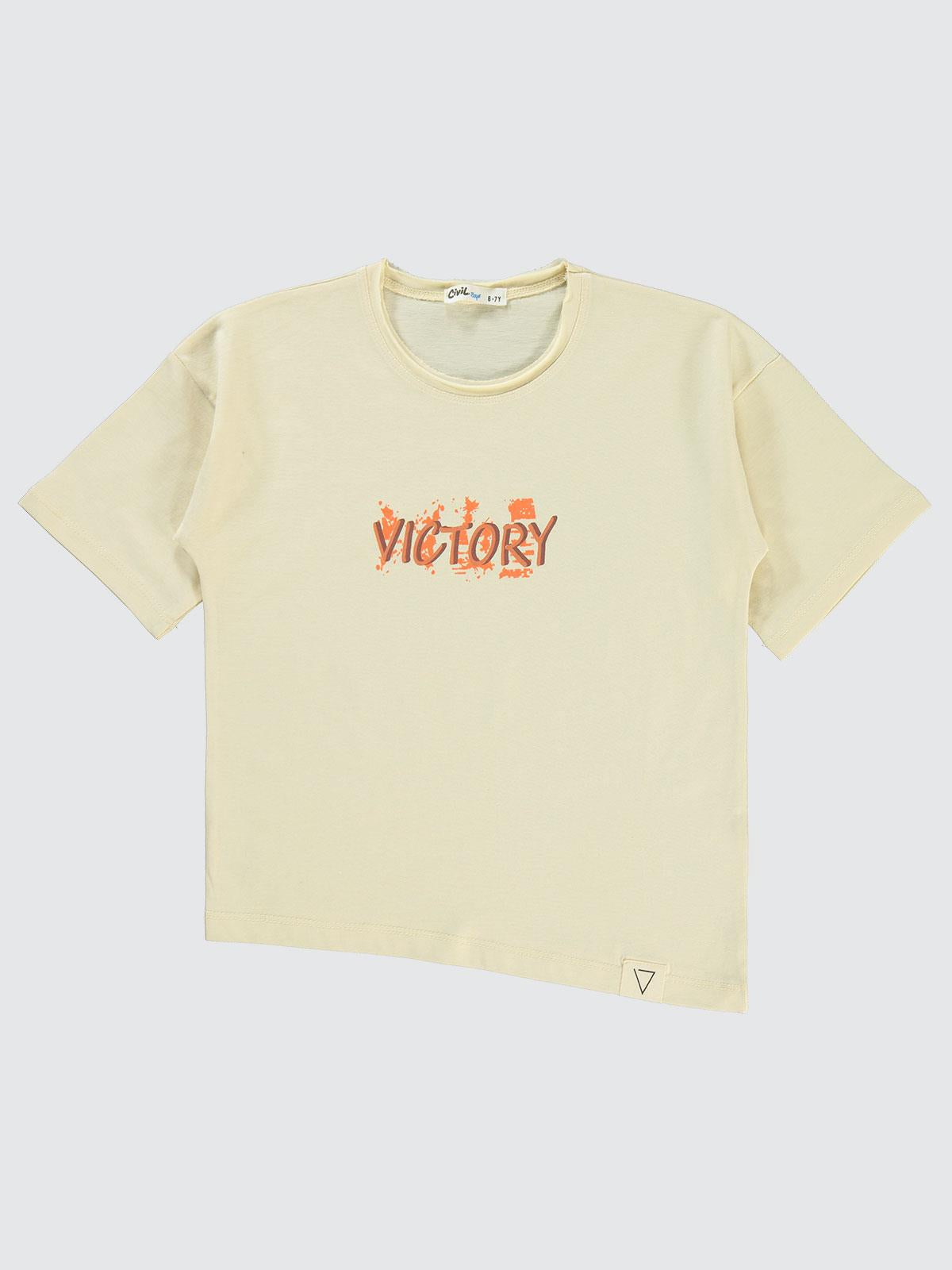 Civil Boys Victory Baskılı Asimetrik 6-9 Yaş Tişört - Bej