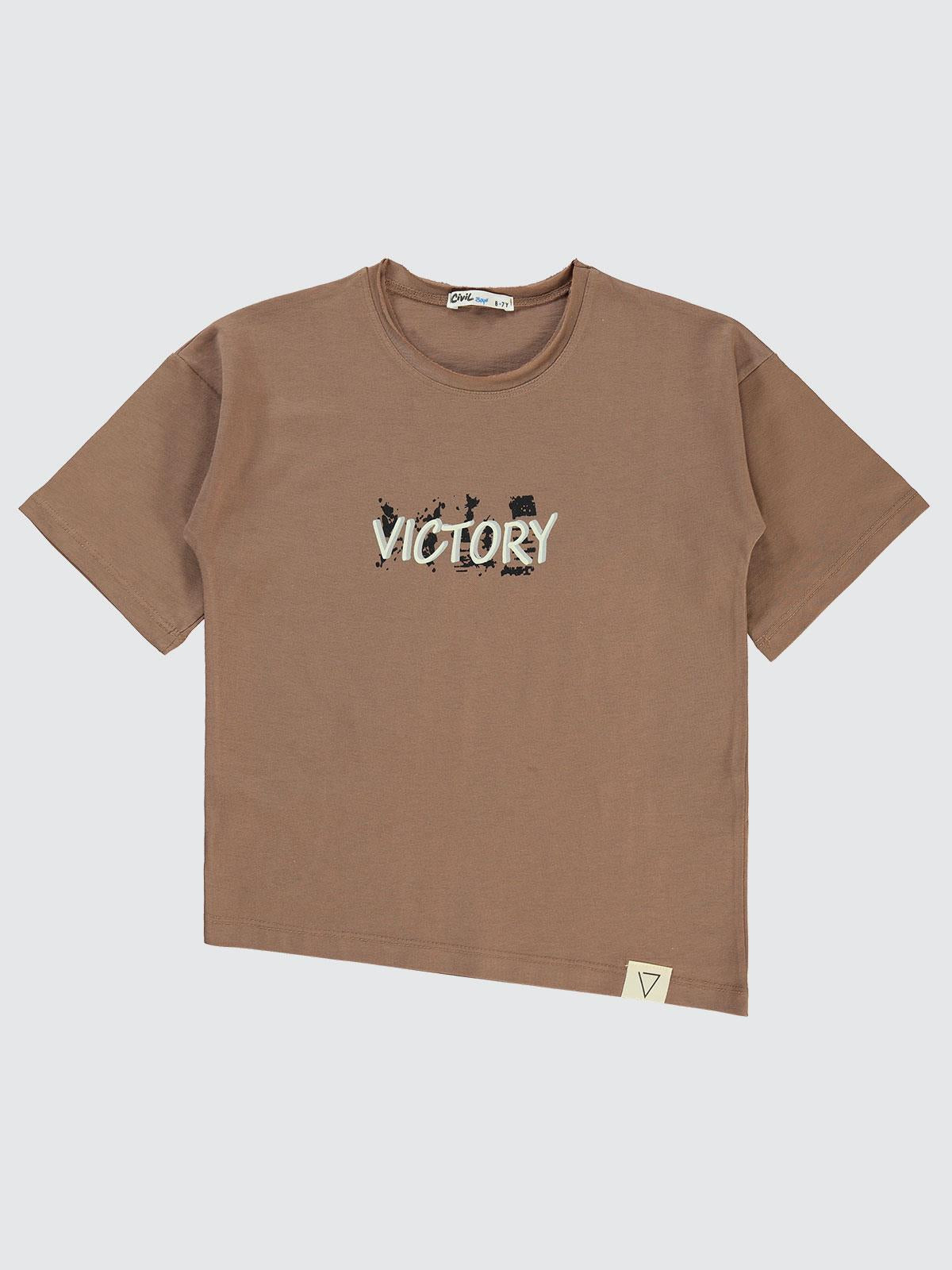 Civil Boys Victory Baskılı Asimetrik 6-9 Yaş Tişört - Kahverengi
