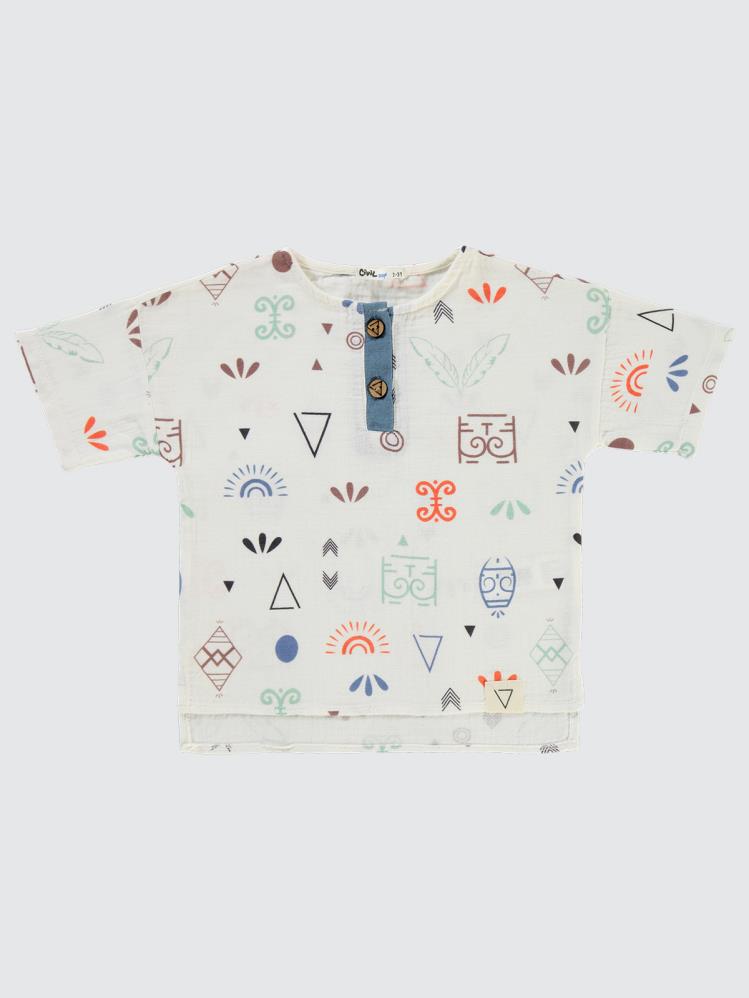 Civil Boys Etnik Desenli Yaka Düğmeli 2-5 Yaş Gömlek - Mavi