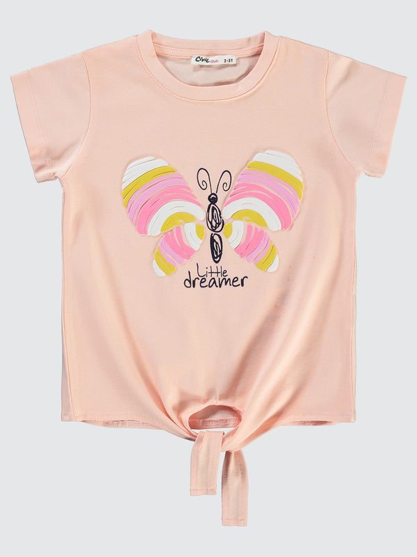 Civil Girls Kelebek Baskılı 2-5 Yaş Tişört - Pudra