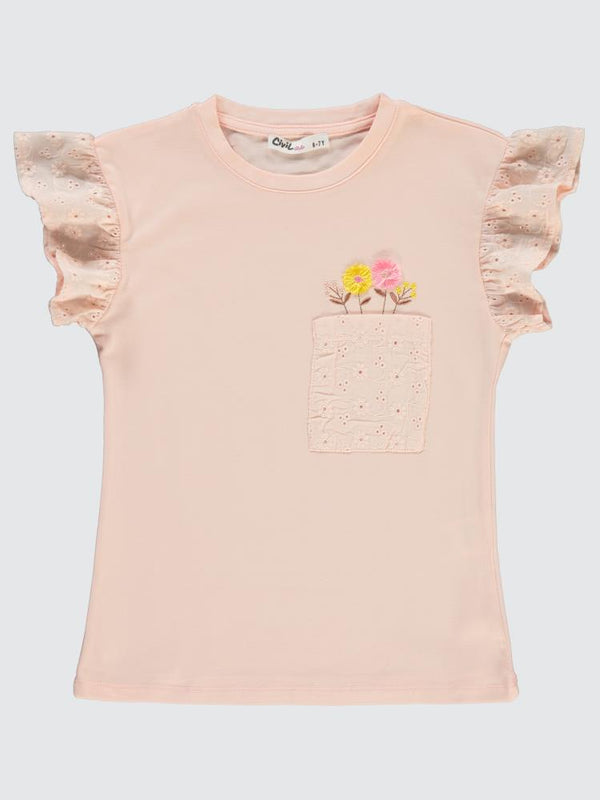 Civil Girls Cepli Çiçek Nakışlı 6-9 Yaş Tişört - Pudra