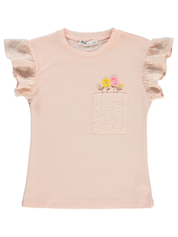 Civil Girls Cepli Çiçek Nakışlı 6-9 Yaş Tişört - Pudra