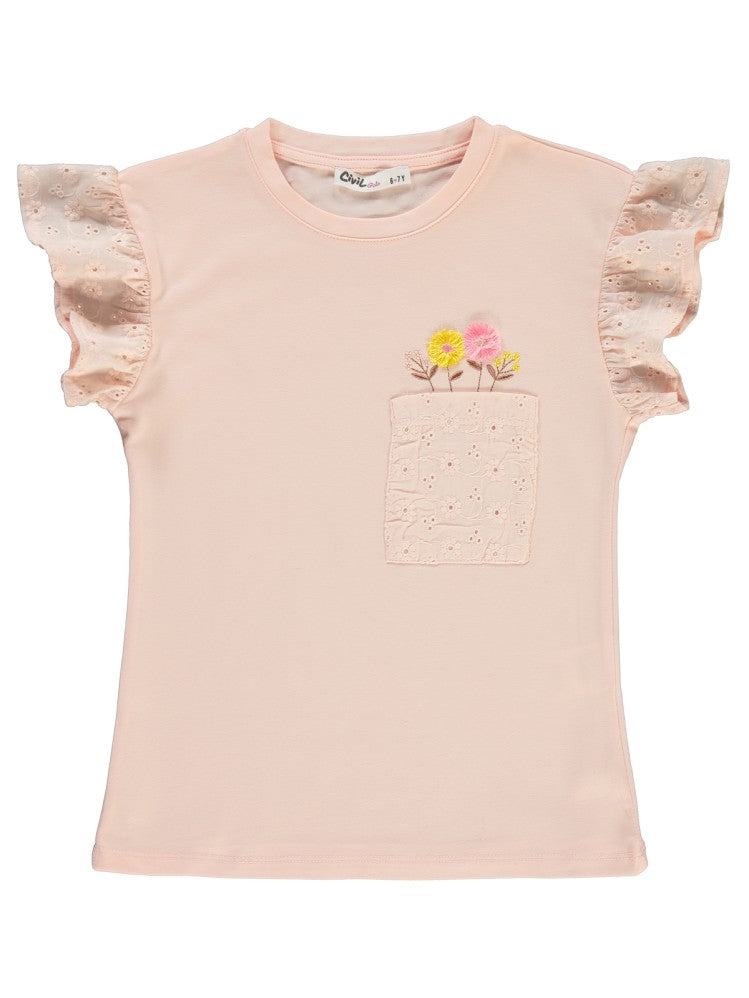 Civil Girls Cepli Çiçek Nakışlı 6-9 Yaş Tişört - Pudra