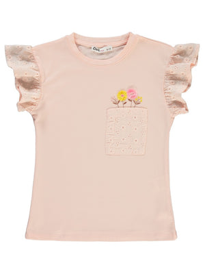 Civil Girls Cepli Çiçek Nakışlı 6-9 Yaş Tişört - Pudra