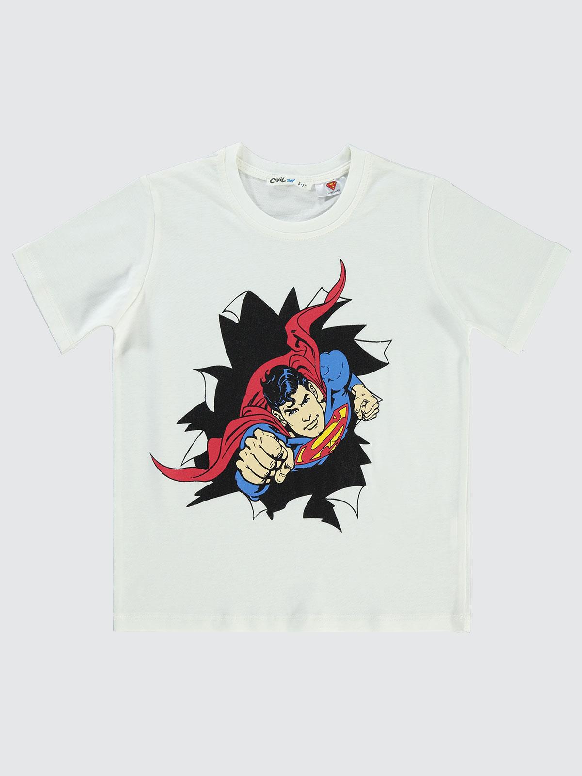 Superman Baskılı 6-9 Yaş Tişört - Ekru