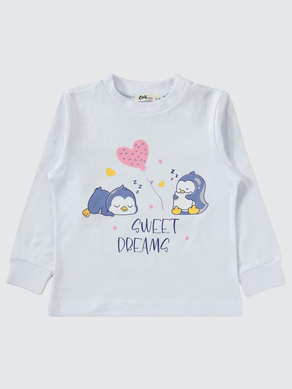 Civil Girls Penguen Baskılı 2-5 Yaş Pijama Takımı - Beyaz