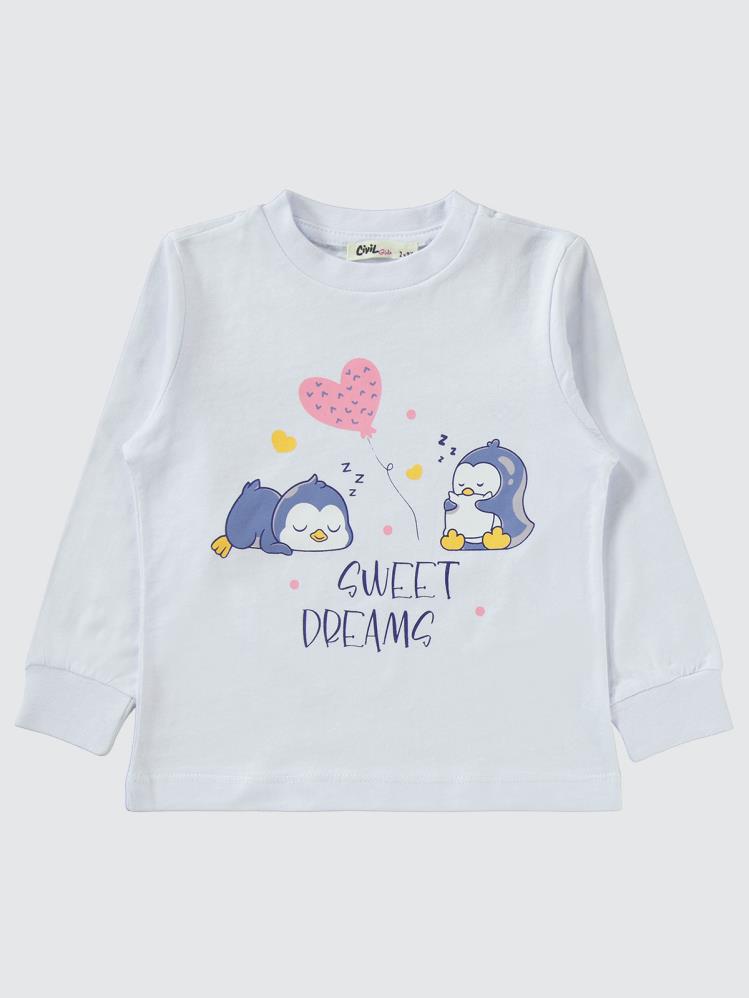 Civil Girls Penguen Baskılı 2-5 Yaş Pijama Takımı - Beyaz