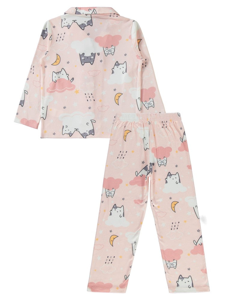 Civil Girls Yıldızlı Bulutlu Kedi Emp.6-9 Yaş Pijama Takımı - Pudra