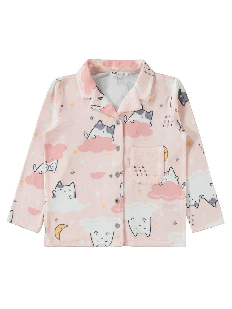 Civil Girls Yıldızlı Bulutlu Kedi Emp.6-9 Yaş Pijama Takımı - Pudra
