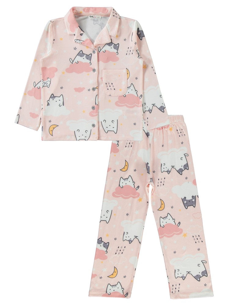 Civil Girls Yıldızlı Bulutlu Kedi Emp.6-9 Yaş Pijama Takımı - Pudra