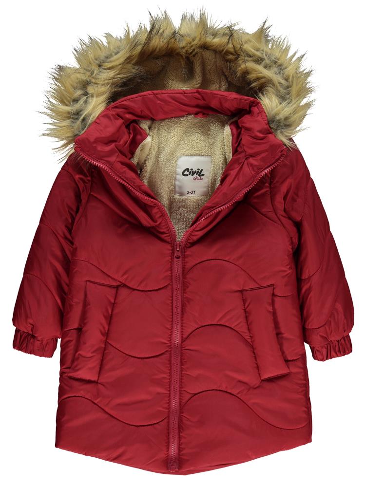 Civil Girls Kapşonu Kürklü 2-5 Yaş Mont - Kırmızı