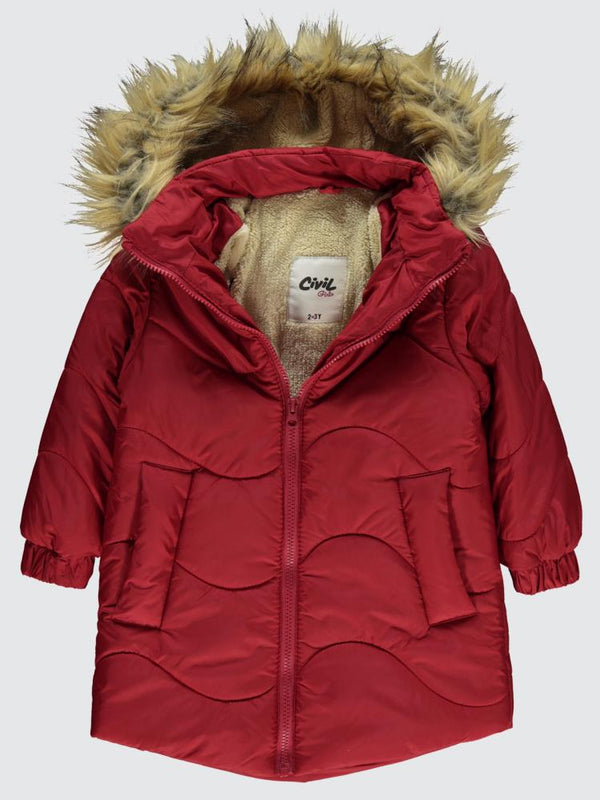 Civil Girls Kapşonu Kürklü 2-5 Yaş Mont - Kırmızı