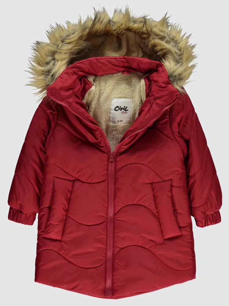 Civil Girls Kapşonu Kürklü 2-5 Yaş Mont - Kırmızı