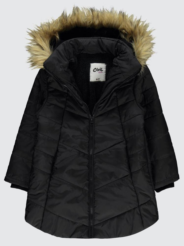 Civil Girls Kapşonu Tüylü 6-9 Yaş Mont - Siyah