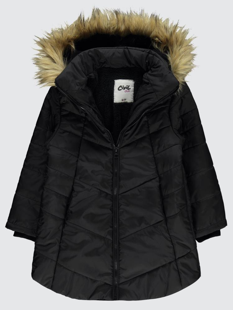 Civil Girls Kapşonu Tüylü 6-9 Yaş Mont - Siyah