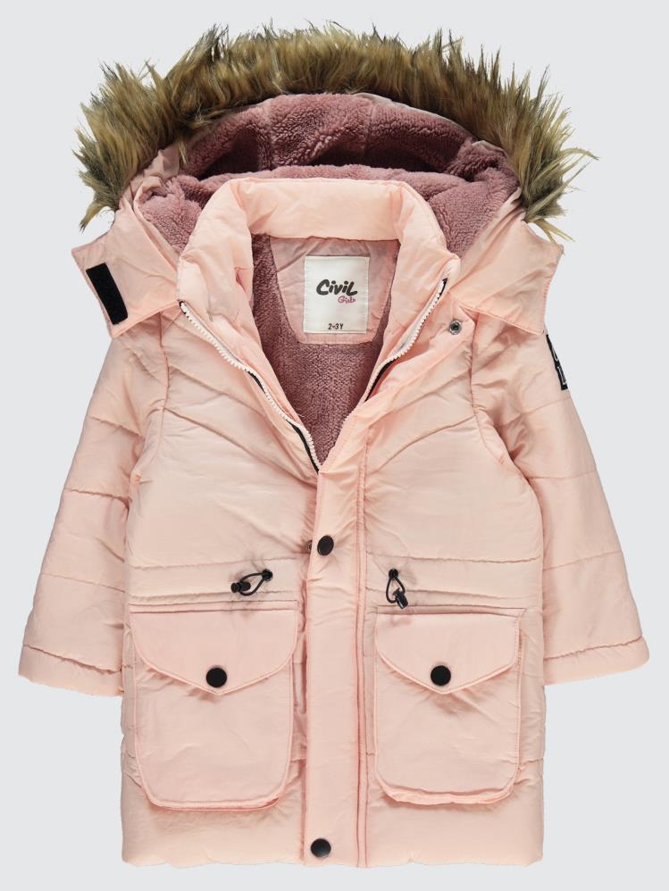 Civil Girls Körük Cepli Kuşaklı 2-5 Yaş Mont - Pudra