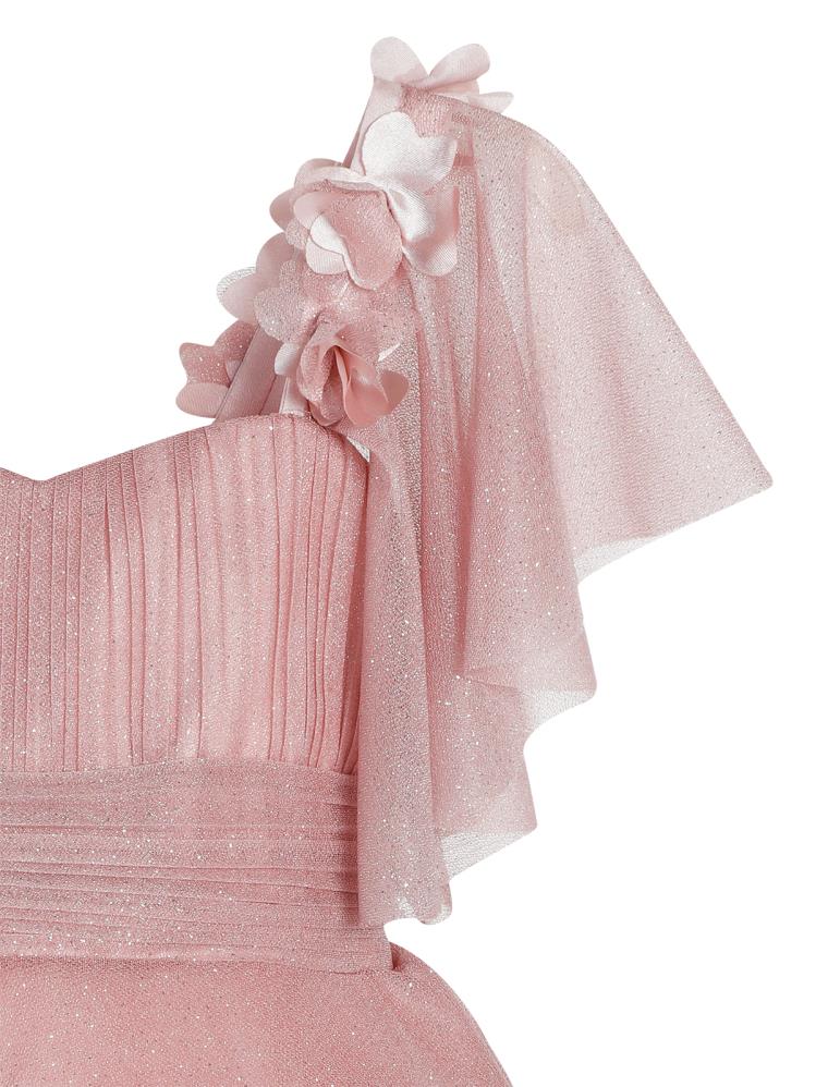 Civil Girls Omzu Çiçekli Tarlatanlı 2-5 Yaş Abiye - Pudra