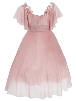 Civil Girls Omzu Çiçekli Tarlatanlı 2-5 Yaş Abiye - Pudra