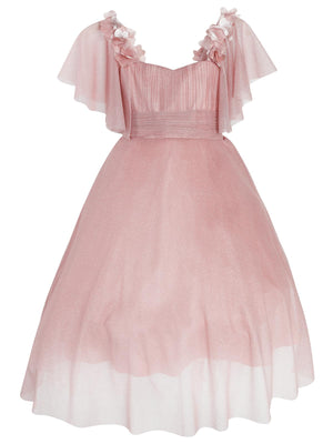 Civil Girls Omzu Çiçekli Tarlatanlı 2-5 Yaş Abiye - Pudra