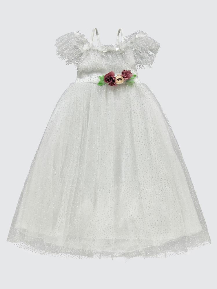 Civil Girls Çiçek Aksesuarlı 6-9 Yaş Abiye - Bej