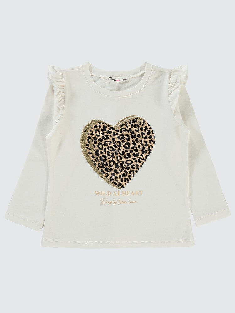 Civil Girls Kalp Leopar Baskılı 2-5 Yaş Sweatshirt - Ekru
