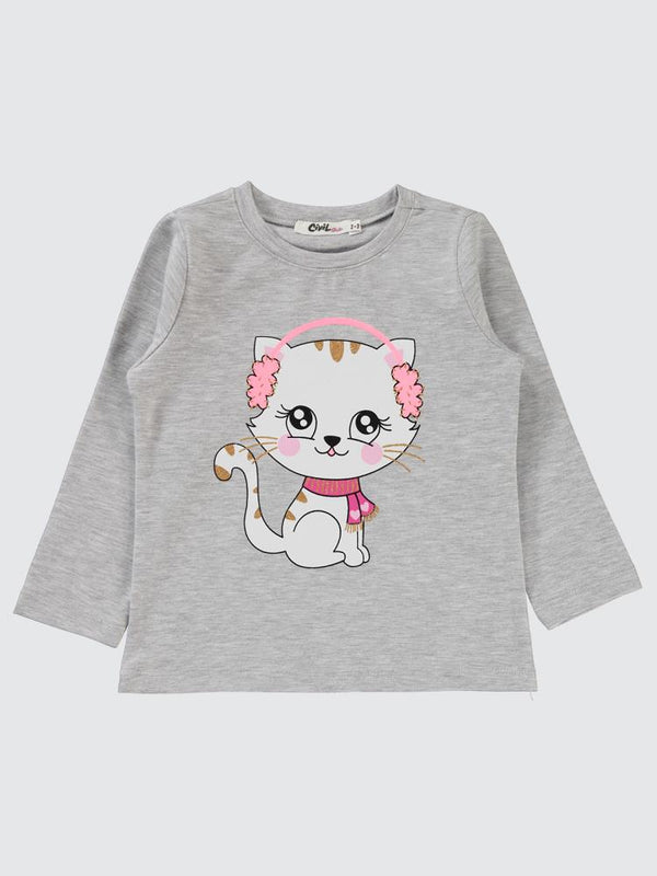 Civil Girls Kulaklıklı Kedi Baskılı 2-5 Yaş Sweatshirt - Gri