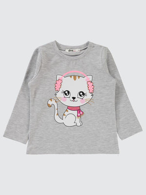 Civil Girls Kulaklıklı Kedi Baskılı 2-5 Yaş Sweatshirt - Gri