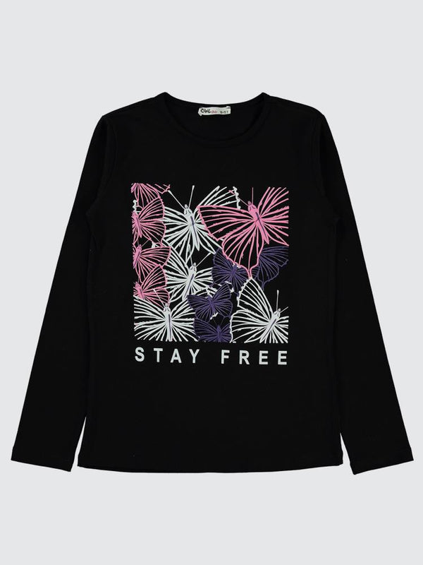 Civil Girls Stay Free Kelebek Baskılı 10-13 Yaş Sweatshirt - Siyah