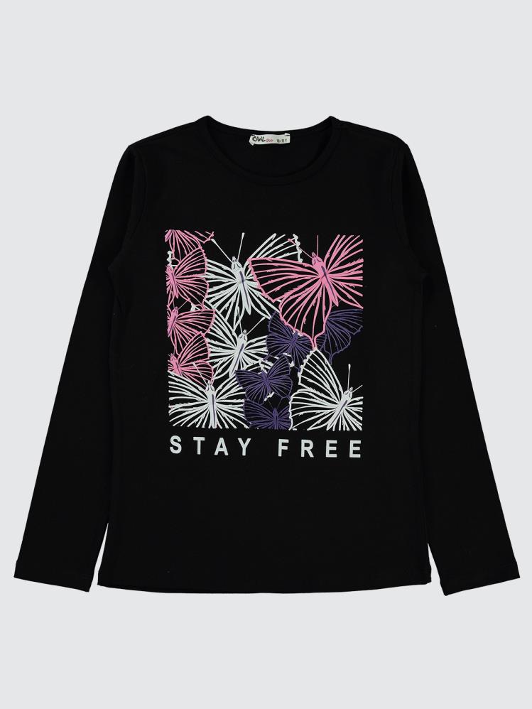 Civil Girls Stay Free Kelebek Baskılı 10-13 Yaş Sweatshirt - Siyah