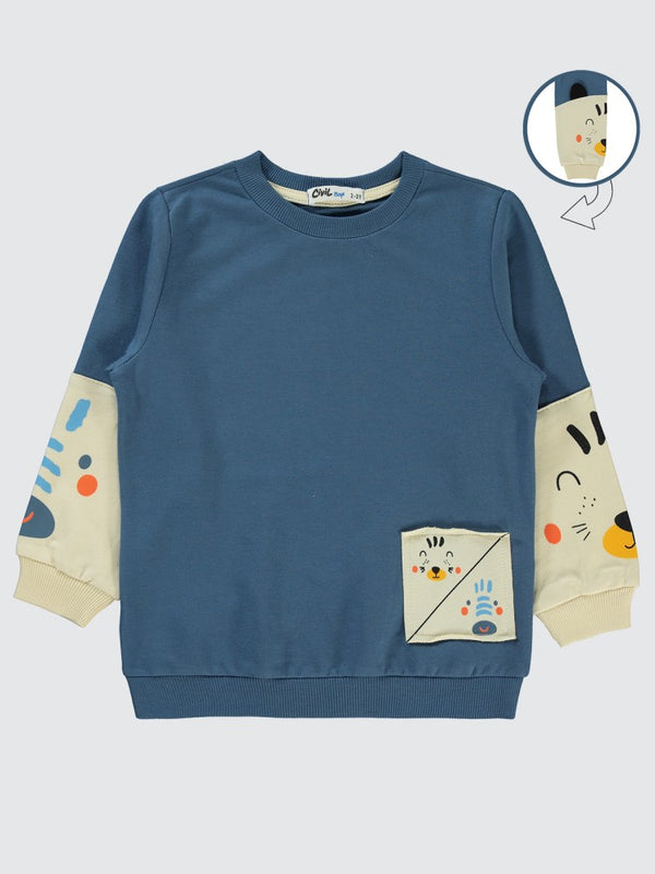 Civil Boys Kol Hayvanlar Baskılı 2-5 Yaş Sweatshirt - Mavi