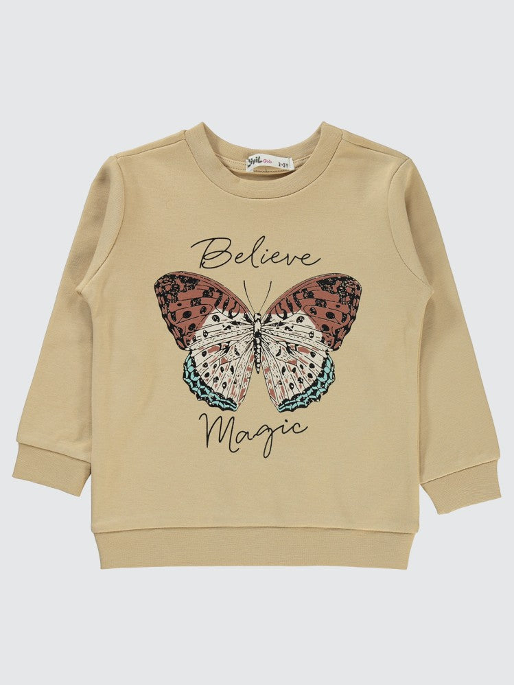 Civil Girls Kelebek Baskılı 2-5 Yaş Sweatshirt - Bej