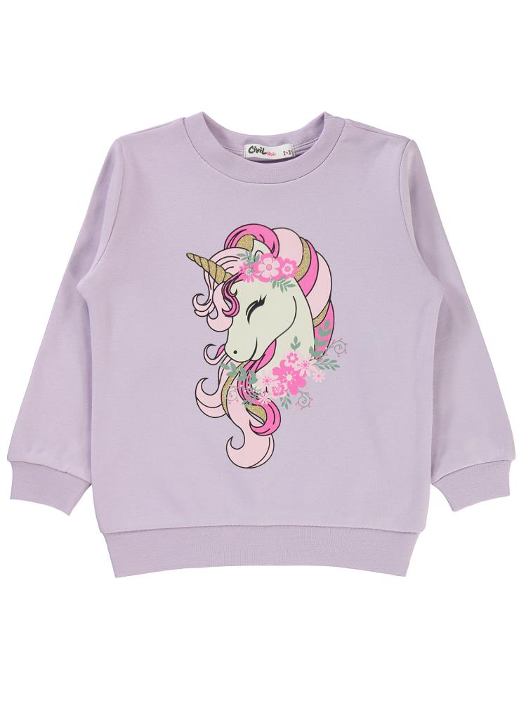 Civil Girls Çiçekli Unicorn Baskılı 2-5 Yaş Sweatshirt - Lila
