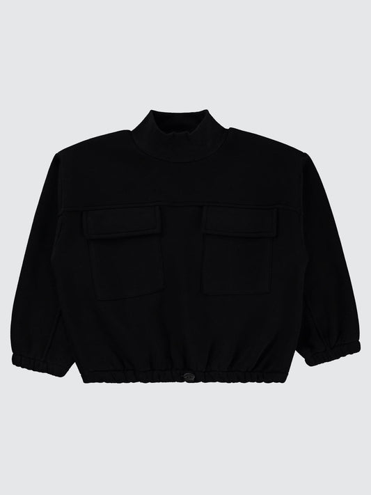 Civil Kız Çocuk Cepli Sweatshirt | 3 İp Uzun Kol Bisiklet Yaka | Okul Kreş ve Günlük Kullanım - Siyah