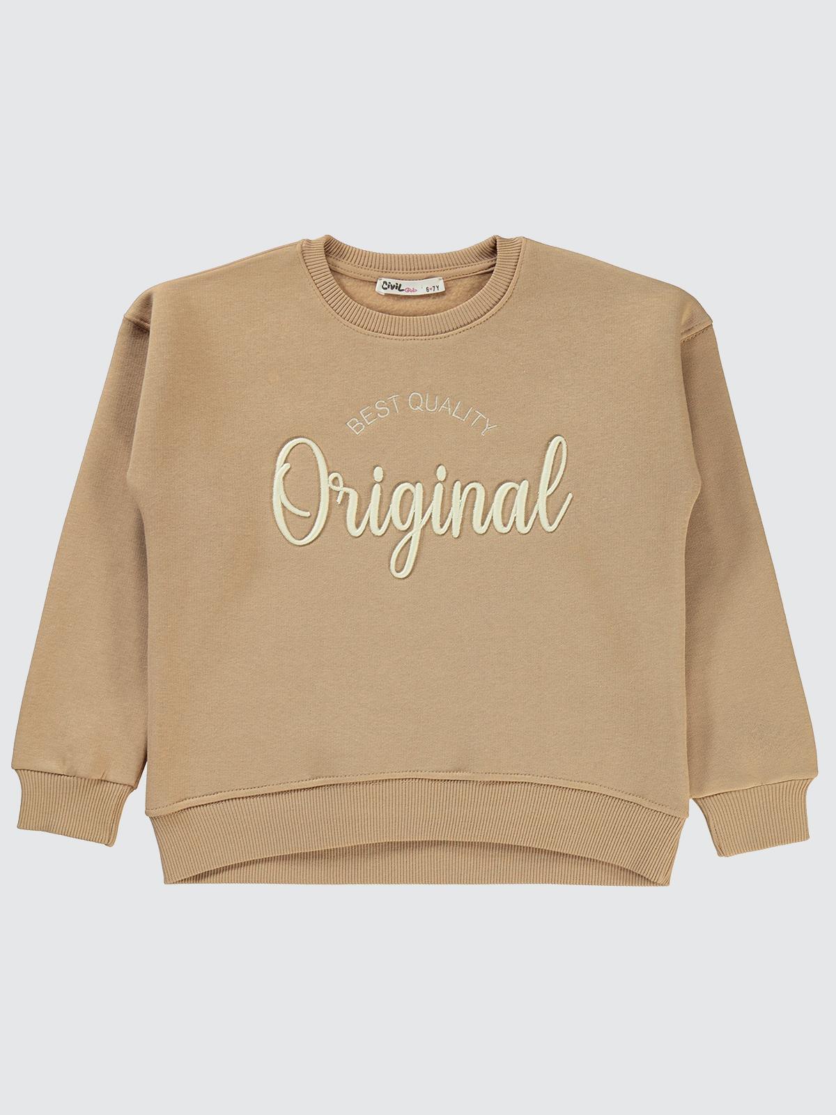 Civil Kız Çocuk Original Nakışlı Sweatshirt | 3 İp Uzun Kol | Okul Kreş ve Günlük Kullanım - Bej