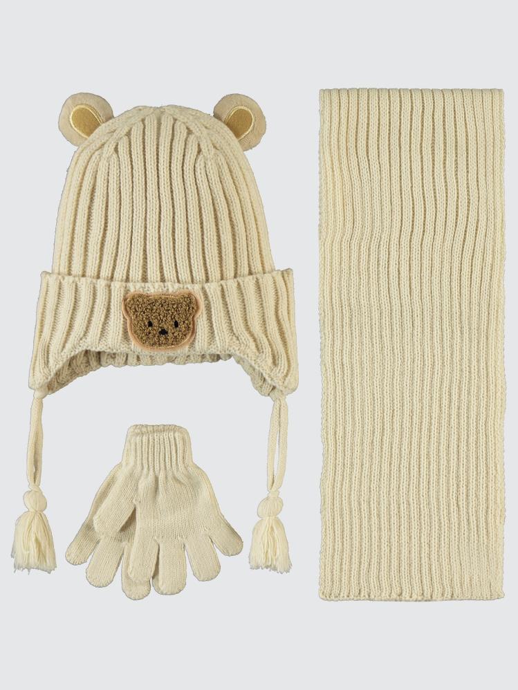 Bear 2-5 Yaş Çocuk Erkek Atkı Bere Eldiven Set - Beyaz