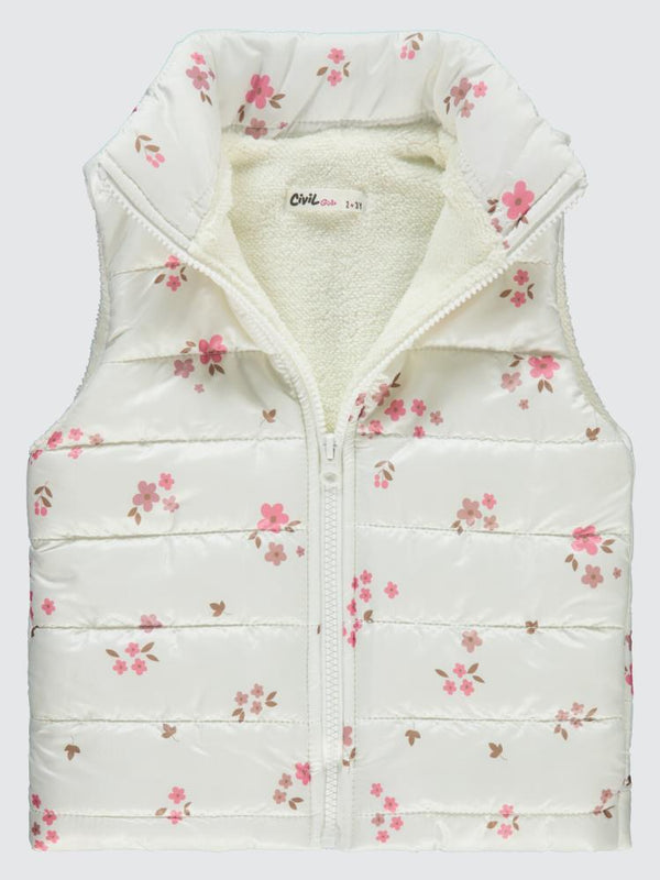 Civil Girls Velsoftlu Çiçek Baskılı 2-5 Yaş Yelek - Beyaz