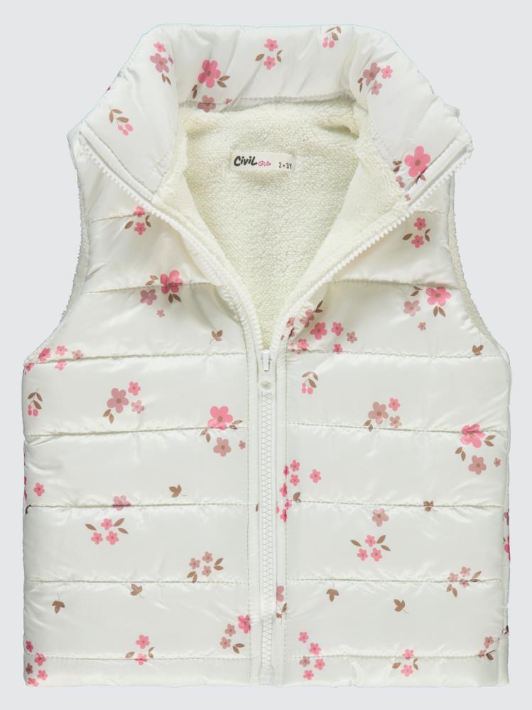 Civil Girls Velsoftlu Çiçek Baskılı 2-5 Yaş Yelek - Beyaz