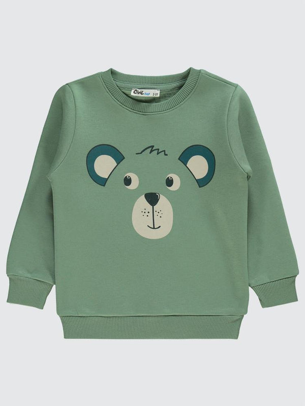 Civil Boys Düşünen Ayı Baskılı 2-5 Yaş Sweatshirt - Haki