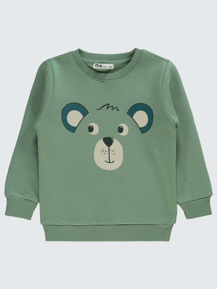 Civil Boys Düşünen Ayı Baskılı 2-5 Yaş Sweatshirt - Haki