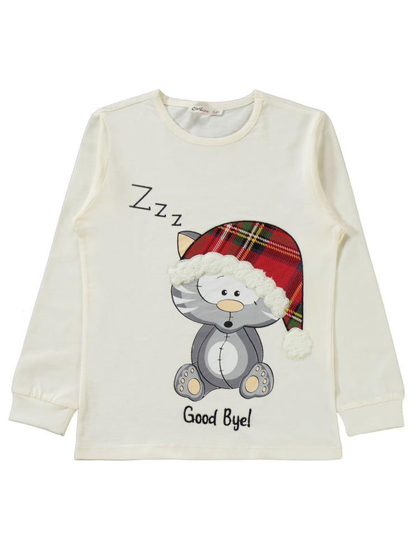 Civil Girls Kedi Baskılı 10-13 Yaş Pijama Takımı - Ekru