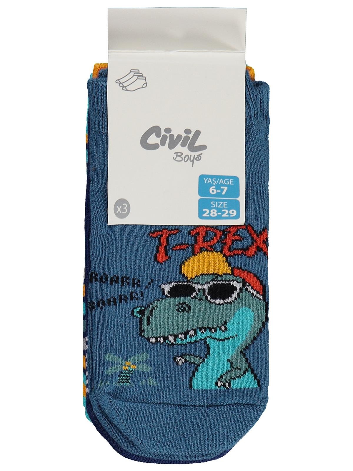 Civil Erkek Çocuk Trex Sport 3'lü Erkek Patik Çorap | Baskılı | Okul Kreş ve Günlük Kullanım