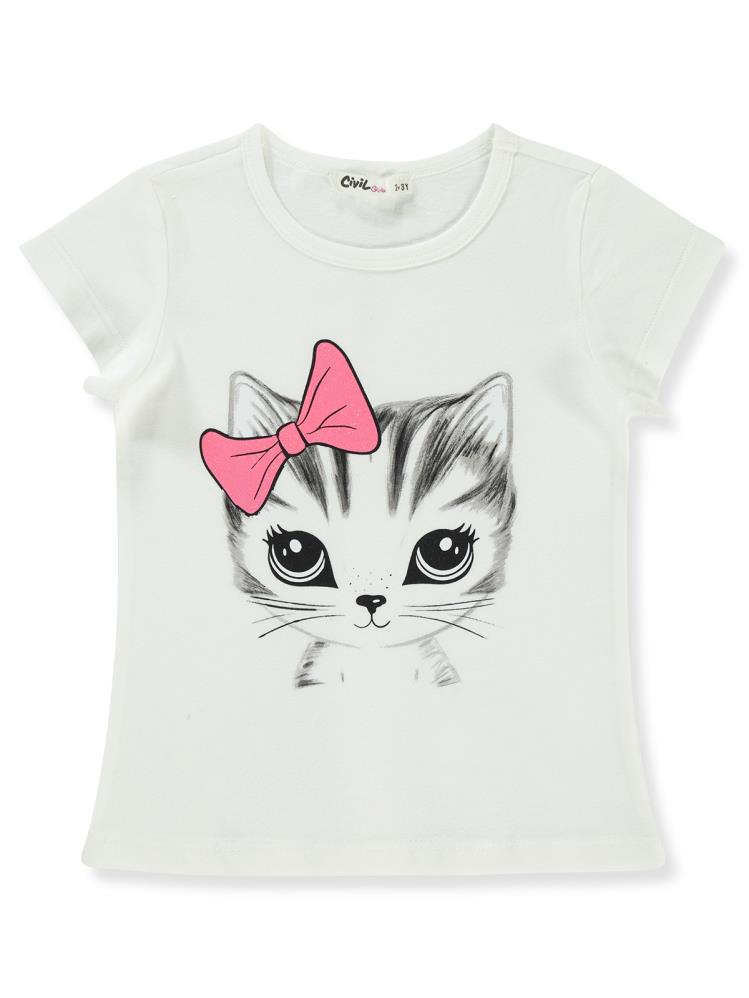 Civil Girls Kedi Baskılı 2-5 Yaş Tişört - Ekru