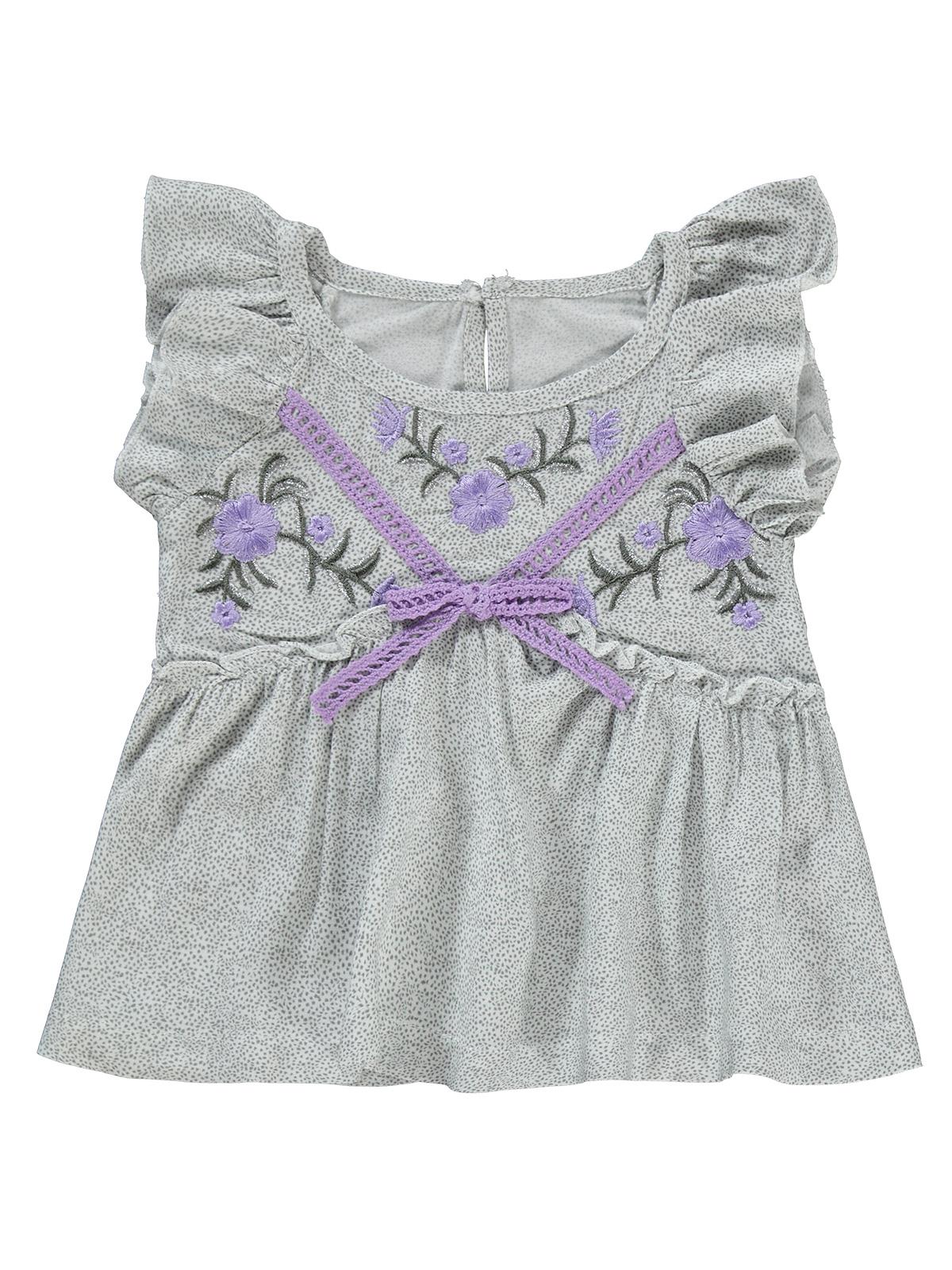 Kumru Çiçek Nakışlı Örgü Fiyonklu 6-18 Ay Takım - Gri