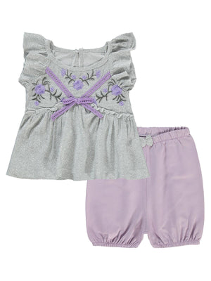 Kumru Çiçek Nakışlı Örgü Fiyonklu 6-18 Ay Takım - Gri