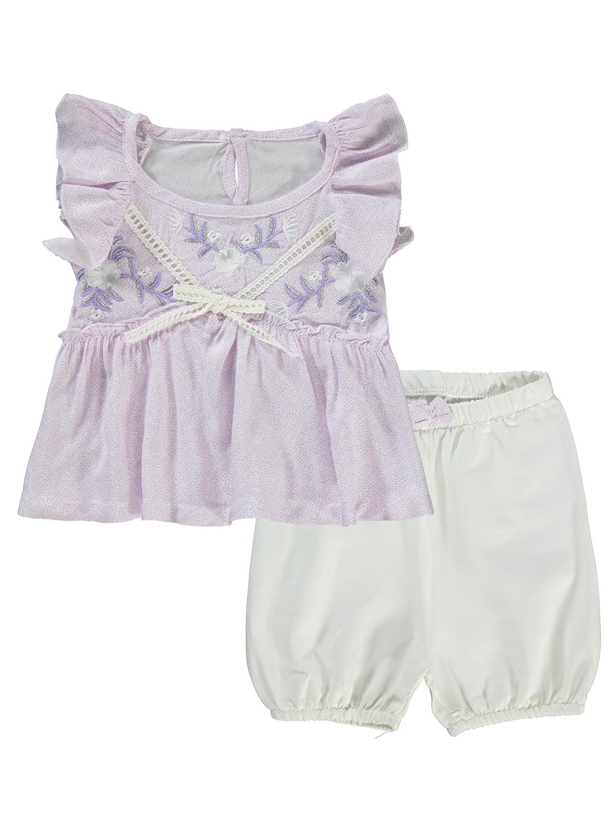 Kumru Çiçek Nakışlı Örgü Fiyonklu 6-18 Ay Takım - Lila