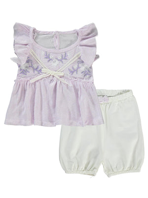 Kumru Çiçek Nakışlı Örgü Fiyonklu 6-18 Ay Takım - Lila
