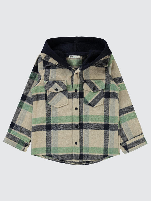 Civil Boys Çift Cepli Eekose Desenli Kapşonlu 10-13 Yaş Gömlek - Haki