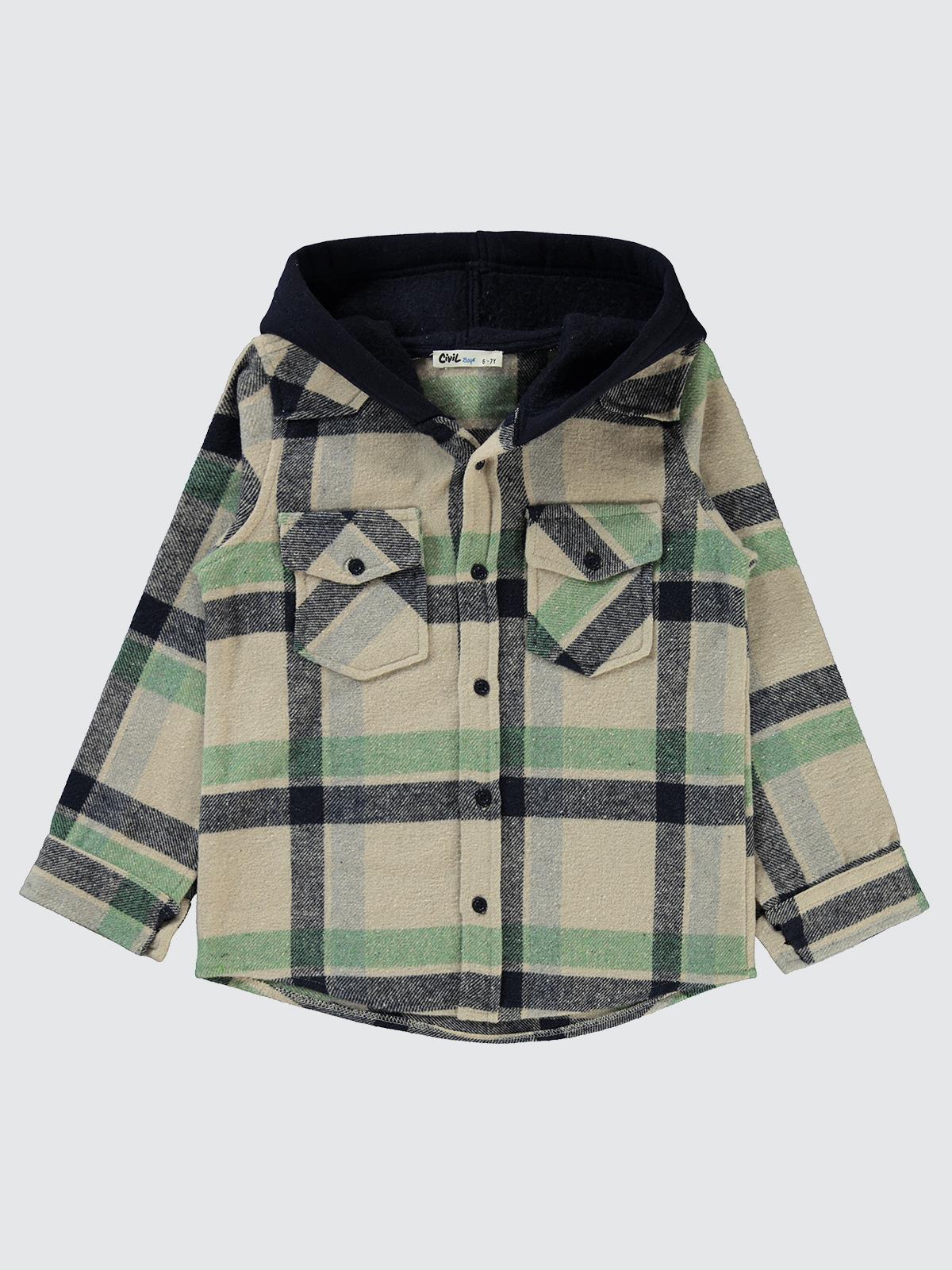 Civil Boys Çift Cepli Eekose Desenli Kapşonlu 10-13 Yaş Gömlek - Haki