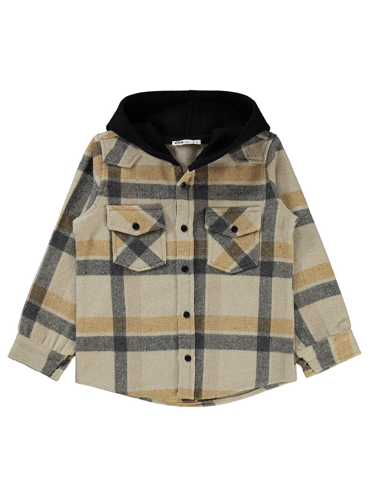 Civil Boys Çift Cepli Eekose Desenli Kapşonlu 6-9 Yaş Gömlek - Hardal